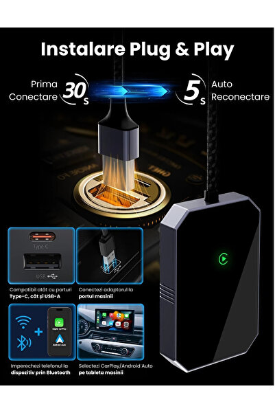 Vala Tech Adaptor wireless CarPlay și Android Auto Vala Tech®️, 5.8 GHz, Bluetooth 5.3