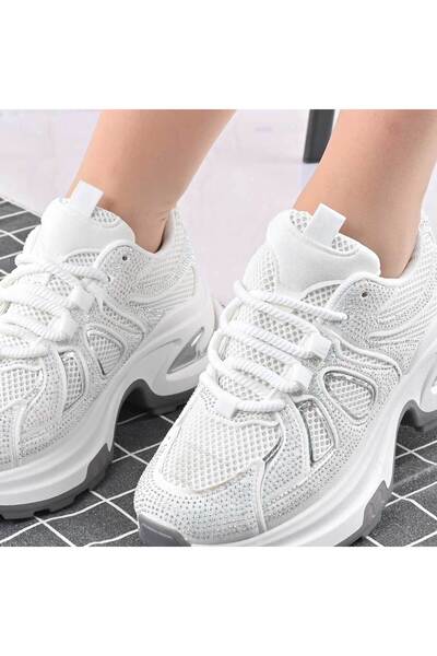 Tmall Pantofi Sport De Dama,Cu Insertii De Plasa si Strasuri,D1415,Alb