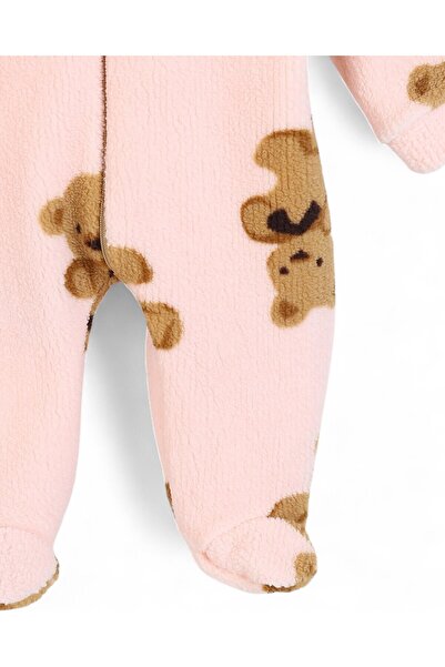 Ege Bebek 6-9 Months Old Teddy Bears Printed Zippered Winter Welsoft Plush Hooded Jumpsuit, Closed Feet