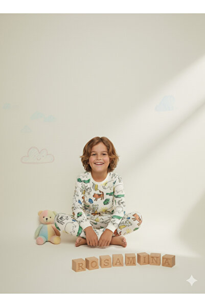 MADALİNA ERKEK ÇOCUK %100 PAMUKLU RENKLİ DİNAZOR DESEN PİJAMA TAKIMI