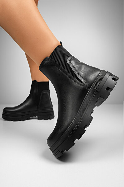 İmerShoes Γυναικείες μπότες καθημερινής χρήσης από καουτσούκ με φερμουάρ, χοντρή αντιολισθητική σόλα, μαύρες δερμάτινες μπότες 7444