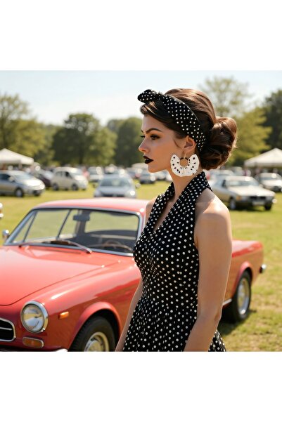 maia Beyaz Siyah Puantiyeli Saten Kumaş Siyah Boncuklu Tasarım Halka Sallantılı Küpe