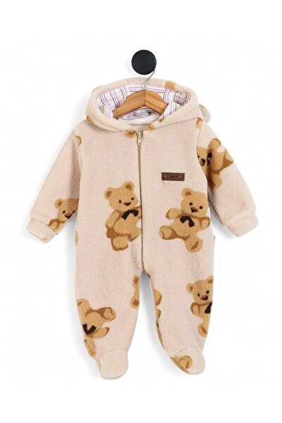 Ege Bebek 6-9 Months Old Teddy Bears Printed Zippered Winter Welsoft Plush Hooded Jumpsuit, Closed Feet