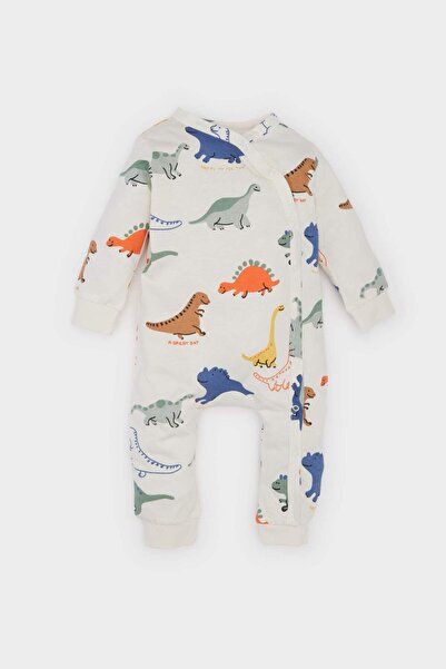 DeFacto Baby Boy Newborn Dinosaur Printed Snap Fastener Combed Cotton Long Sleeve Romper E6044A5Ns