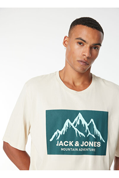 Jack & Jones Bisiklet Yaka Ekru Erkek T-Shirt 12258128_JJMAPPED TEE SS CREW NECK