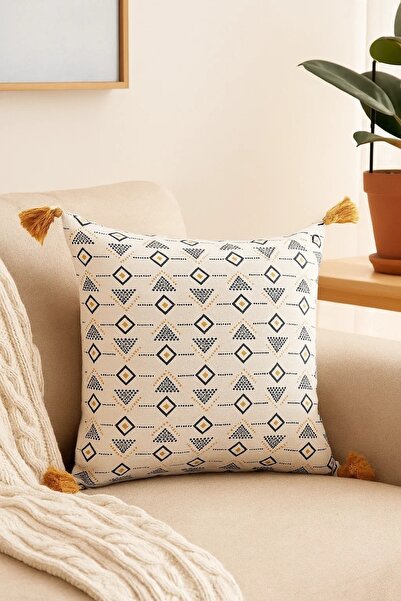 OEM Set 2 perne decorative cu ciucuri, 40x40 cm, alb cu imprimeu