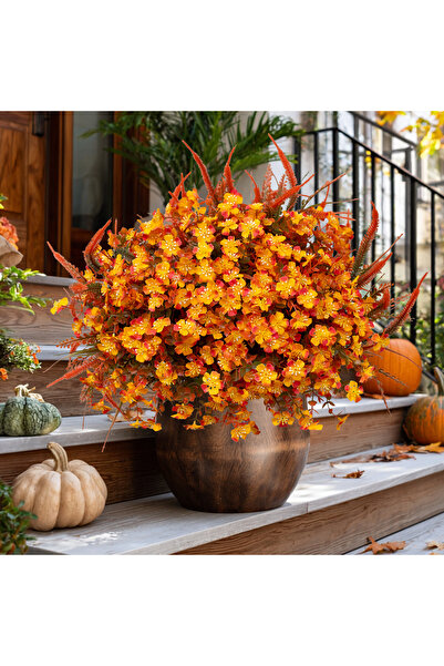 Arkotex Set 8 Flori Artificiale de Grădină Toamnă, ARKOTEX, Rezistente UV, Plastic, Portocalii, Înălțime 35cm