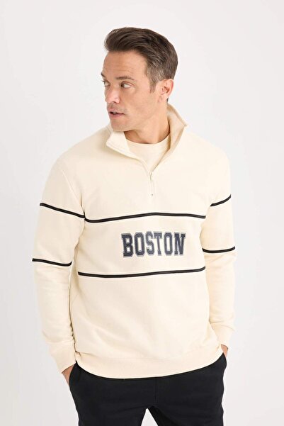 DeFacto Relax Fit Dik Yaka Fermuarlı Baskılı Kalın Sweatshirt D4714AX24AU