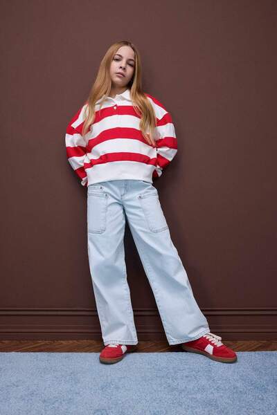 DeFacto Girls Relax Fit Polo Neck Striped Sweatshirt D7443A825Sp