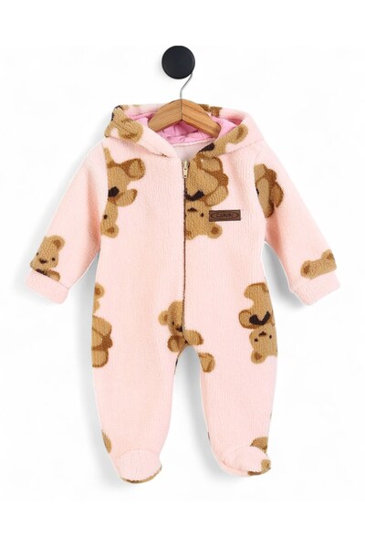 Ege Bebek 6-9 Months Old Teddy Bears Printed Zippered Winter Welsoft Plush Hooded Jumpsuit, Closed Feet