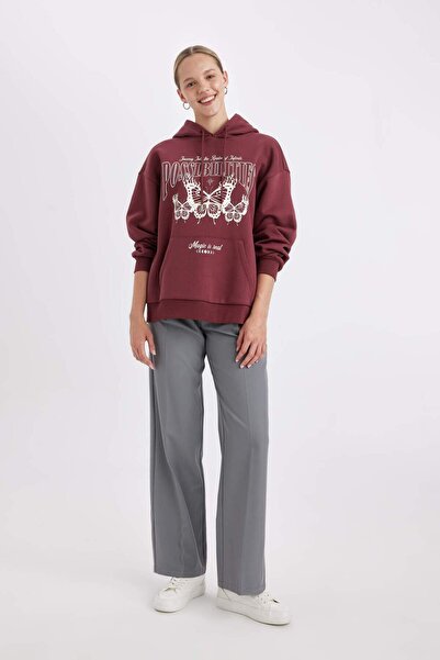 DeFacto Oversize Geniş Kalıp Kapüşonlu Baskılı Kalın Sweatshirt C7816AX24WN