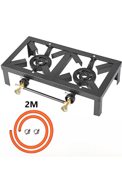 REFURA موقد غاز ريفورا ذو شعلتين - أسود مع لي غاز 2 متر