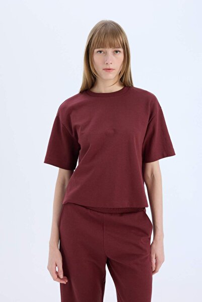 DeFacto Relax Fit Crew Neck Basic Solid Short Sleeve Burgundy T-Shirt C7630Ax25Sp