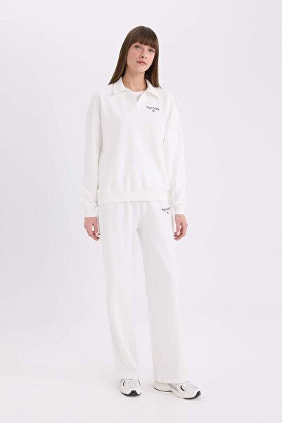 DeFacto Relax Fit Polo Yaka Baskılı İnce Sweatshirt E6077AX25SP