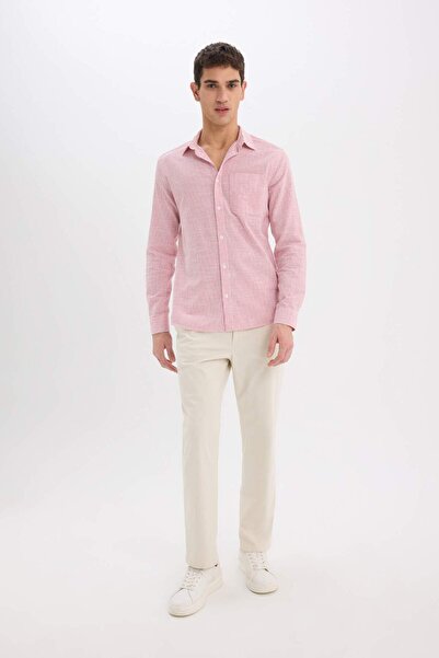 DeFacto %100 Pamuk Modern Fit Polo Yaka Çizgili Uzun Kollu Gömlek E5046AX25SM