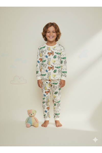MADALİNA ERKEK ÇOCUK %100 PAMUKLU RENKLİ DİNAZOR DESEN PİJAMA TAKIMI