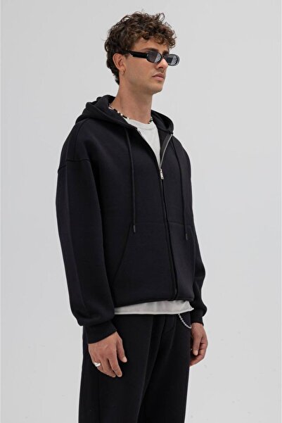 İLKCET MODA Μαύρο φούτερ με κουκούλα Premium Unisex Oversize με φερμουάρ