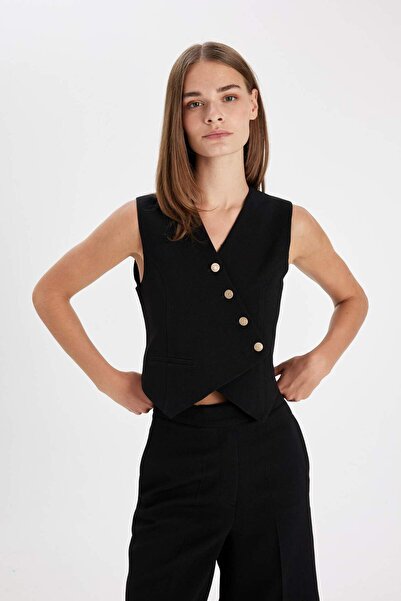 DeFacto Asimetrik V Yaka Çizgili Blazer Yelek C8848AX24AU