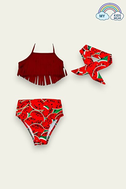 My Kids Wear Bandana Ruffle Detailed High Waist Girls' Swimsuit Set