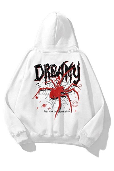 Know Unisex Dreamy Spider Baskılı Kapüşonlu Sweatshirt Hoodie Beyaz