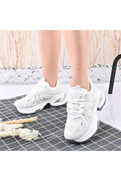 Tmall Pantofi Sport De Dama,Cu Insertii De Plasa si Strasuri,D1415,Alb