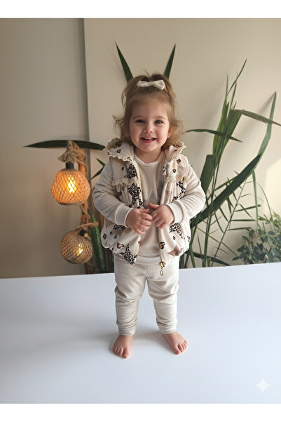 Hippıl Baby Baby Girl Leopard Velvet Three-Piece Set (Snap Fastener Sweatshirt+Velvet Vest+Pants)