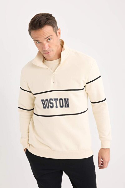 DeFacto Relax Fit Dik Yaka Fermuarlı Baskılı Kalın Sweatshirt D4714AX24AU