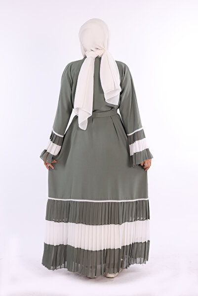 Bym Fashion Sleeve and Skirt Two-Color Waist Belted Pleated Abaya 7454 Mint