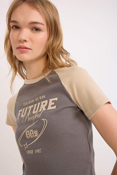 DeFacto Crew Neck Printed Ribbed Camisole Short Sleeve T-Shirt - E0647Ax25Sm