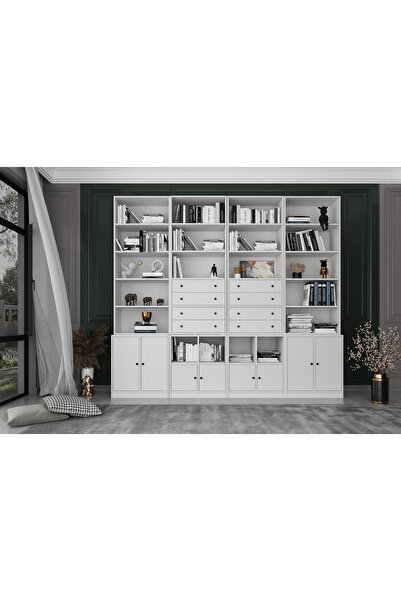 Nettrends 8 Kapaklı Çekmeceli Raflı Kitaplık 260 cm Beyaz Ktp_1373_Ç
