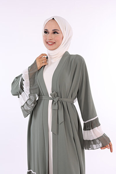 Bym Fashion Sleeve and Skirt Two-Color Waist Belted Pleated Abaya 7454 Mint