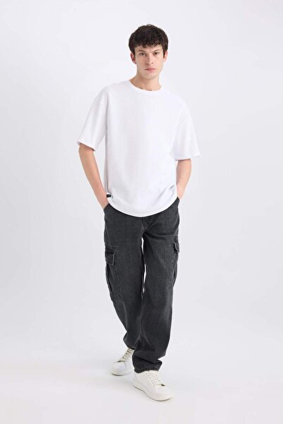 DeFacto %100 Pamuk Relax Fit Rahat Kesim Geniş Paça Kargo Cepli Siyah Jean Pantolon E6694AX25SP