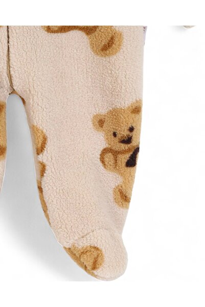 Ege Bebek 6-9 Months Old Teddy Bears Printed Zippered Winter Welsoft Plush Hooded Jumpsuit, Closed Feet