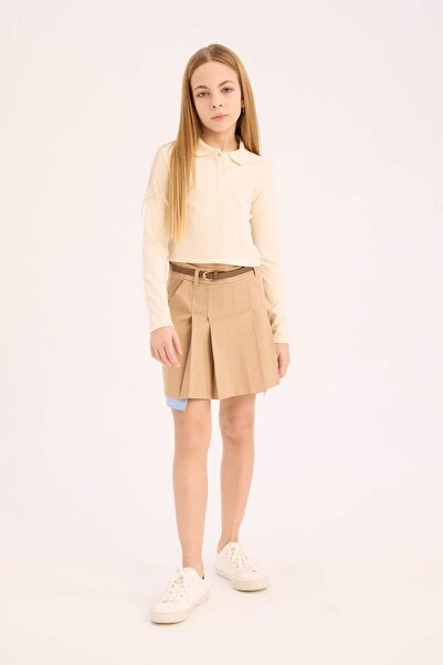 DeFacto Schmal geschnittenes, geripptes, langärmliges Polo-T-Shirt für Mädchen B7407a825sp