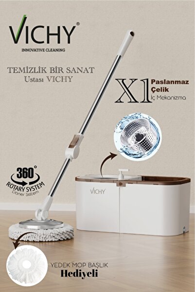 VICHY 360° Döner Mop Temizlik Seti | Kolay Sıkma Kova, Mikrofiber Mop (Yedek ...