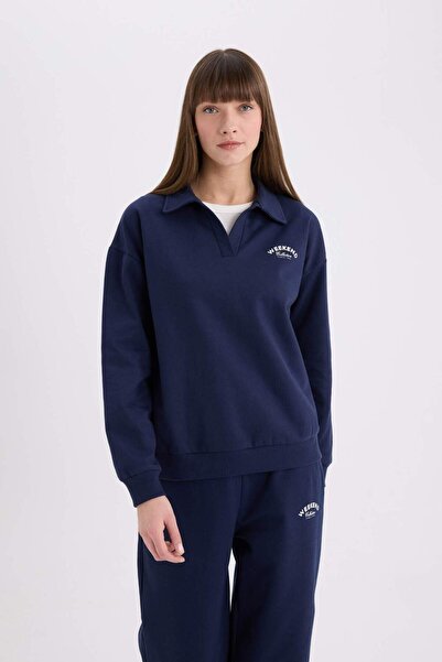 DeFacto Relax Fit Polo Yaka Baskılı İnce Sweatshirt E6078AX25SP