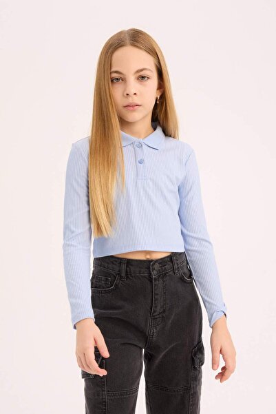 DeFacto Kız Çocuk Polo Yaka Ribana Uzun Kollu Basic Düz Tişört B7407A825SP