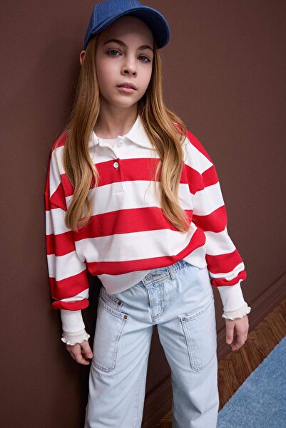 DeFacto Girls Relax Fit Polo Neck Striped Sweatshirt D7443A825Sp