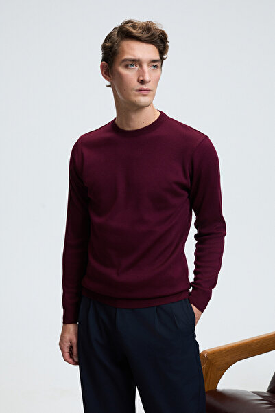 GRIMELANGE Ανδρικό πουλόβερ VAREX με στρογγυλή λαιμόκοψη Basic Slim Fit Πλεκτό Βουργουνδίας