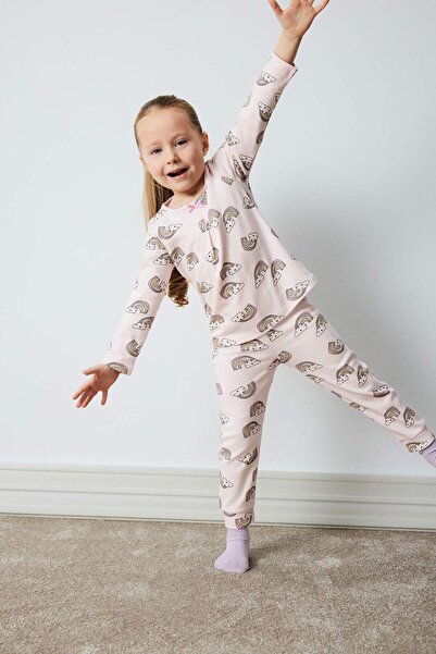 DeFacto Kız Bebek Pijama Takımı Gökkuşağı Baskılı Uzun Kollu Üst Beli Lastikli Uzun Alt D9075A525SP