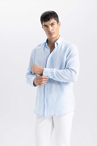 DeFacto Regular Fit Polo Neck Linen Long Sleeve Shirt D8816Ax24Hs