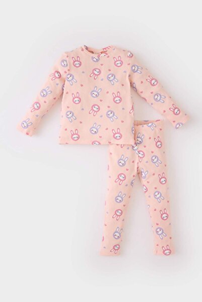 DeFacto Ribbed Baby Girl Pajamas Set - Crew Neck, Rabbit Print, Long Sleeve, Top Elastic Waist