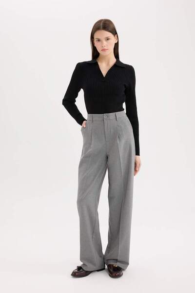 DeFacto Wide Leg Klasik Kumaş Pantolon Geniş Bol Paça Çift Cepli Yüksek Bel Standart Boy Basic Düz D4360AX25
