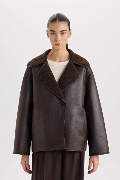 DeFacto Guler polo, pluș, buzunar cu nasturi, căptușit, jachetă sezonieră din piele artificială D6822AX24WN