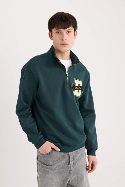 DeFacto Regular Fit Stand Collar Zip Printed Sweatshirt A4469Ax24Au