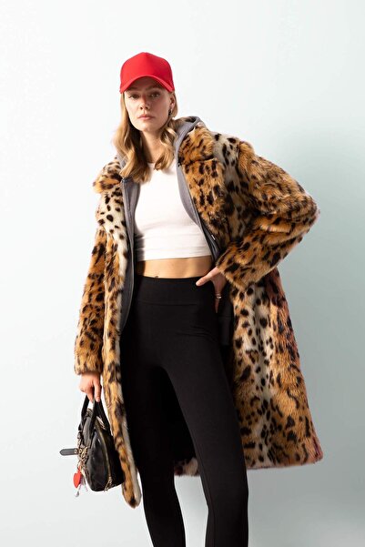 DeFacto Relax Fit Leopar Desenli Ceket Yaka Cepli Uzun Suni Kürk Kaban D4005AX24WN