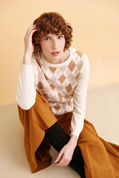 Desen Triko Diamond Patterned Null Collar Women's Wool Sweater - Bone