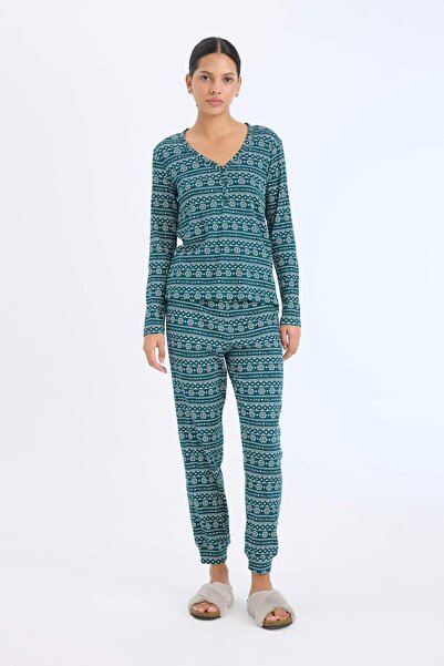 DeFacto Pijama Takımı Waffle Kumaş Uzun Kollu Üst Beli Lastikli Uzun Alt-Fall in Love D2284AX24WN