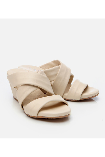 Hotiç Women's Leather Ecru Wedge Heeled Slippers