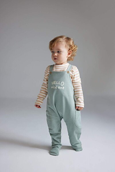 DeFacto Erkek Bebek 2li Takım Çizgili Uzun Kollu Tişört Baskılı Salopet Tulum D8708A525SP